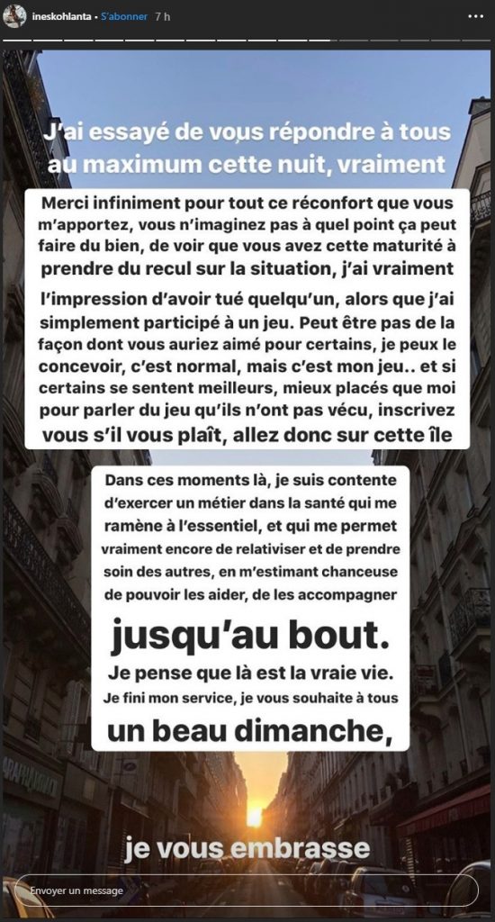 Ines en story sur Instagram