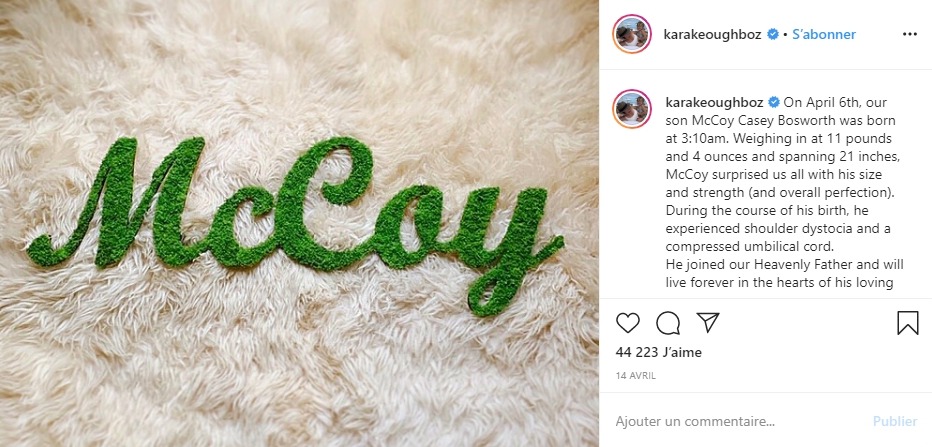 Kara Keough annonce le décès de son fils
