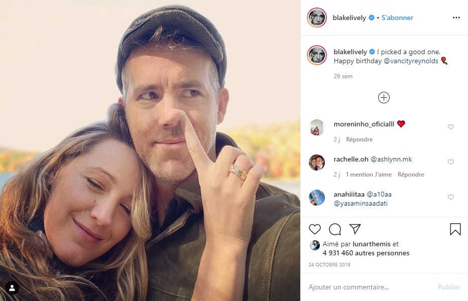 Ryan Reynolds et Blake Lively sur Instagram