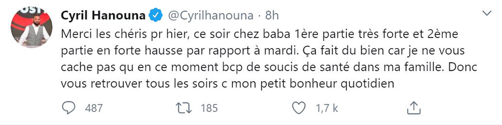Cyril Hanouna remercie ses fans sur Twitter