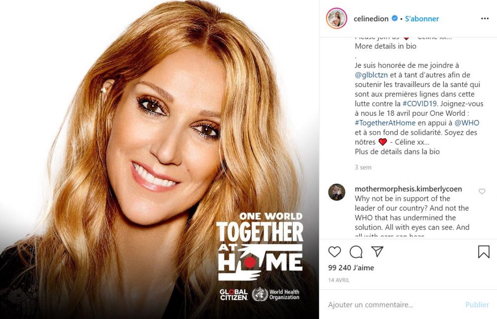 Céline Dion très engagée dans la lutte contre le coronavirus
