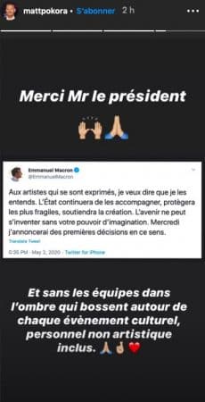 Matt Pokora remercie Emmanuel Macron sur Instagram