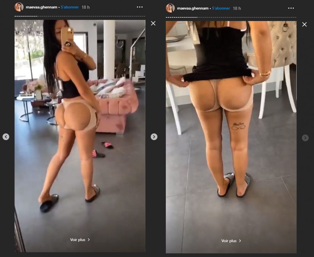 Maeva Ghennam montre son derrière avec une gaine