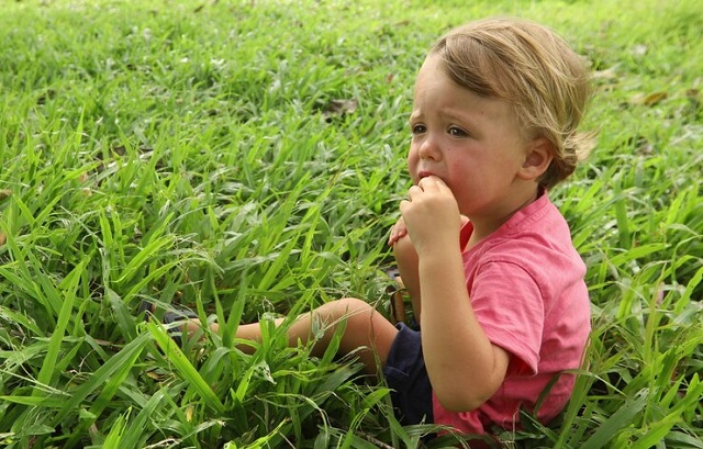 bébé garçon assis dans l'herbe à l'extérieur