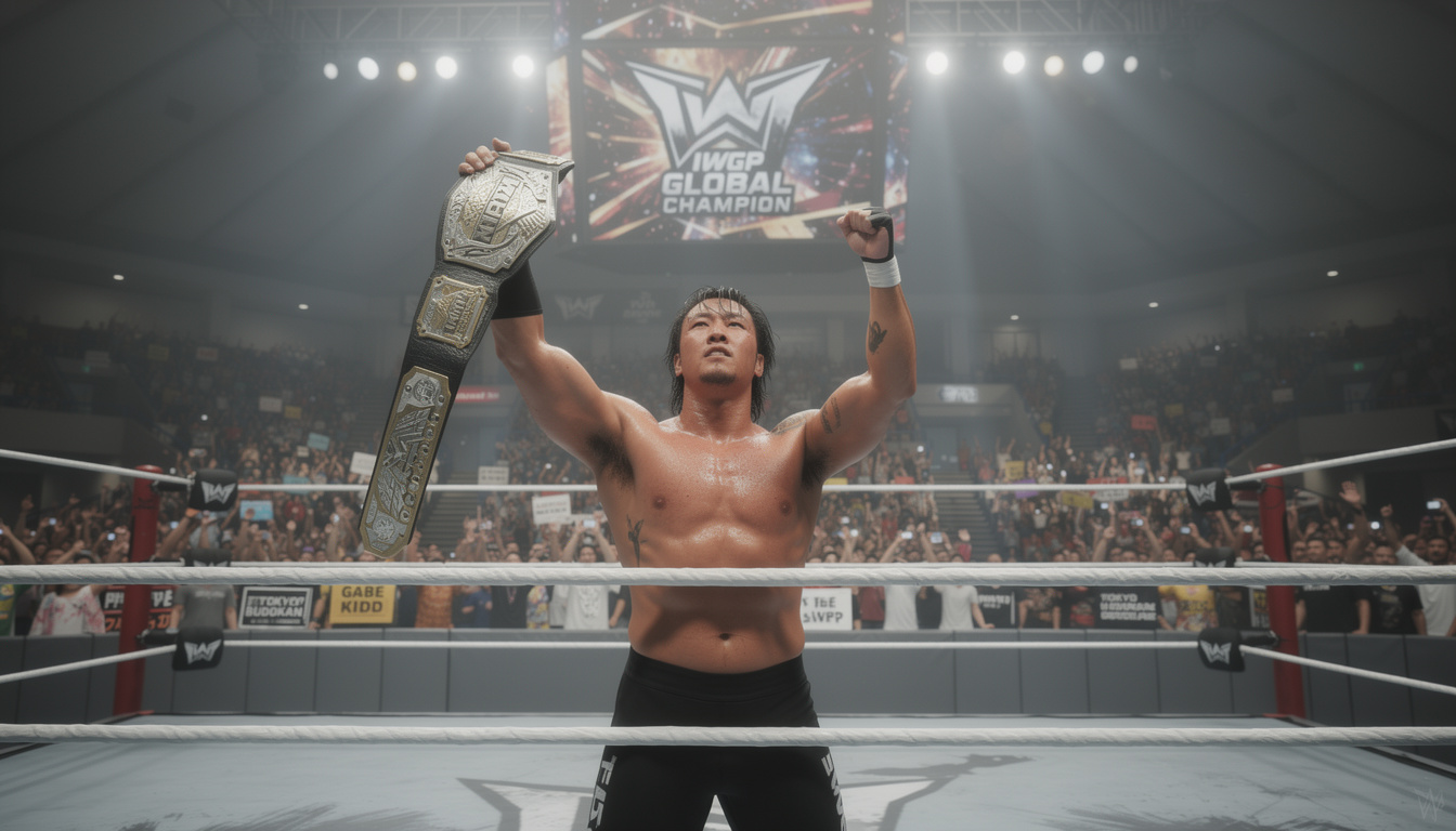 revivez le moment choc du njpw road to g1 climax où gabe kidd provoque hiroshi tanahashi en crachant à son visage et s'empare du titre iwgp global dans un affrontement intense.
